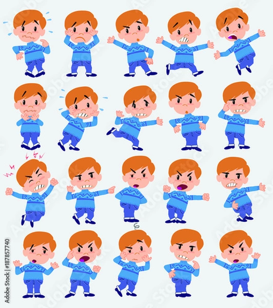 Fototapeta Cartoon character boy in jeans. Set with different postures, attitudes and poses, always in negative attitude, doing different activities in vector vector illustrations.