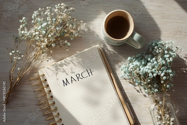Obraz March Planner Flat Lay With Spring Decor
