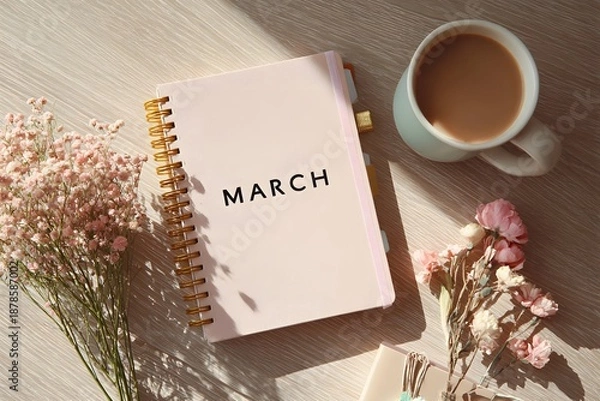 Obraz March Planner Flat Lay With Spring Decor