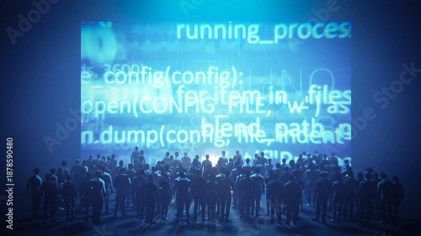 Fototapeta Audience watching presentation on screen displaying data programming code