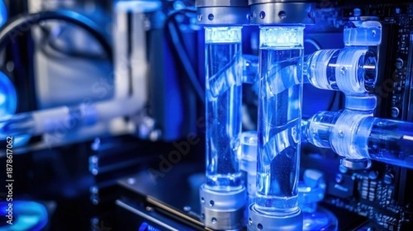 Obraz Close-up of glowing, liquid-cooled computer components