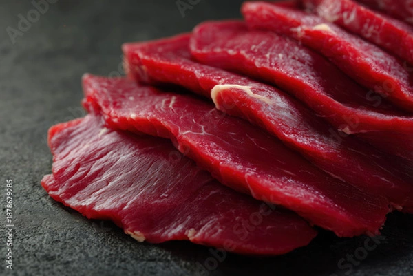 Obraz Sliced raw beef meat on a dark background. Selective focus.