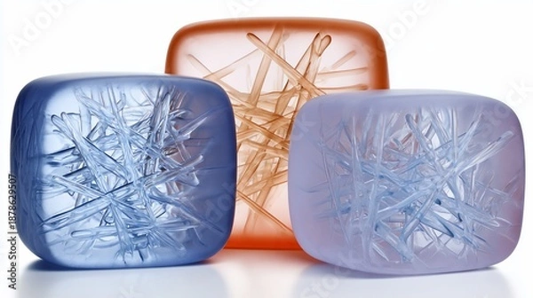 Obraz Three frosted, square blocks with rounded corners, each with intersecting internal structures