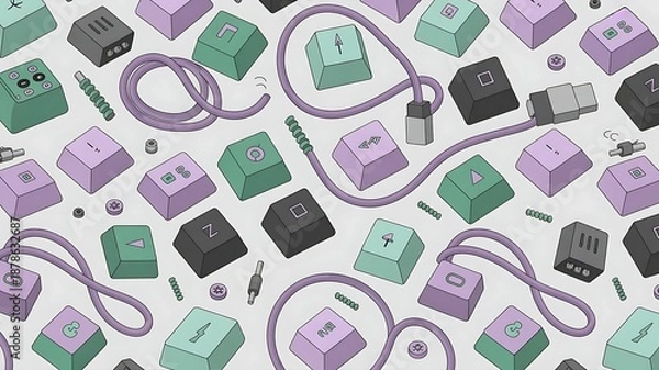 Obraz Vibrant keyboard key pattern with colorful wires and tech components