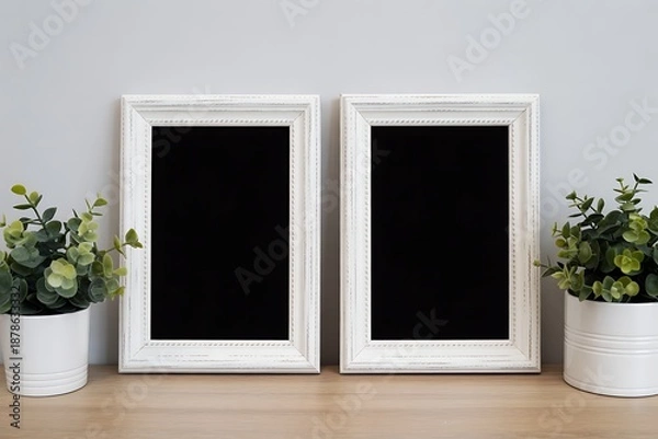 Obraz Two empty white frames with greenery on a wooden surface