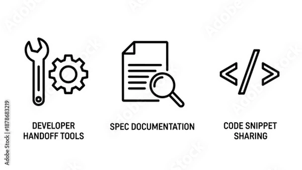 Fototapeta Developer handoff tool icons featuring maintenance wrench, technical spec documentation, and code snippet sharing symbols.