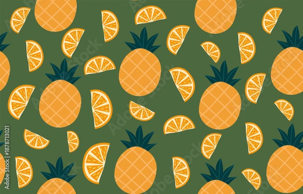 Obraz Tropical Pineapple and Orange Slice Seamless Pattern on Green Background