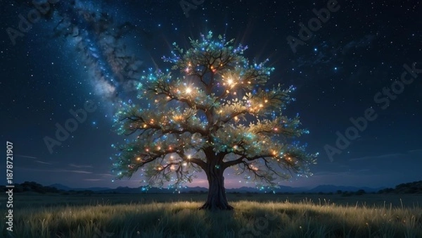 Obraz ゲーム背景　地平線の見える草原の夜空の光をともした伝説の大樹