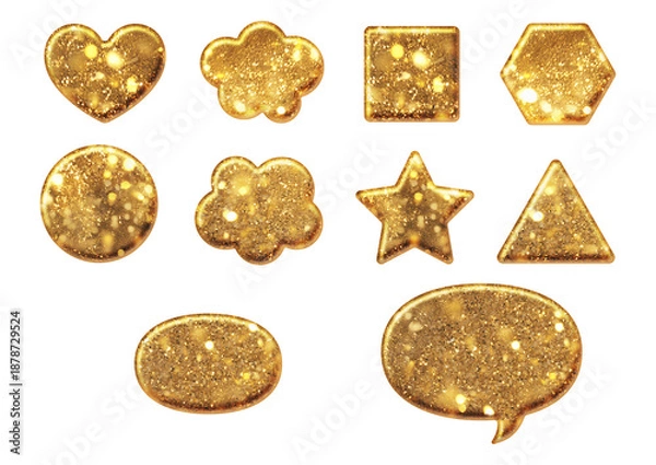 Obraz ハート　四角　三角　六角形　丸　星　雲　楕円　吹き出し　の立体的な金色のキラキラ