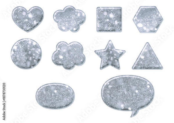 Obraz ハート　四角　三角　六角形　丸　星　雲　楕円　吹き出し　の立体的な銀色のキラキラ
