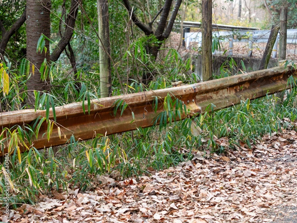 Obraz 錆びて劣化した山道のガードレール