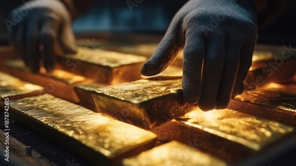 Obraz Glowing gold bars with gloved hands