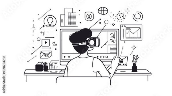 Obraz Man Wearing Virtual Reality Headset Working 1.