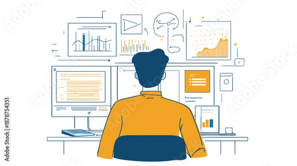 Obraz Man Working on Computer with Charts.