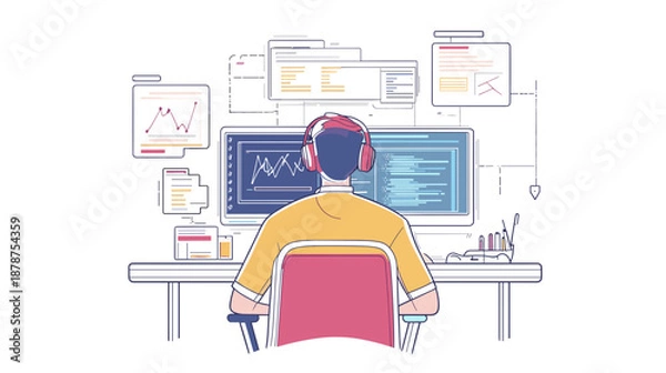 Obraz Man Working on Computer with Headphones.