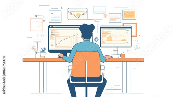 Obraz Man Working on Computer with Multiple Screens.