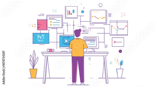 Obraz Man Working on Computer with Various Charts.