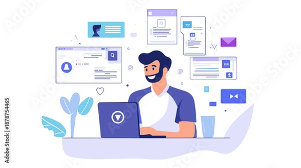 Obraz Man Working on Laptop Computer Illustration.