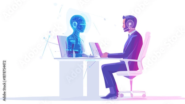 Obraz Man Working with Artificial Intelligence Robot.