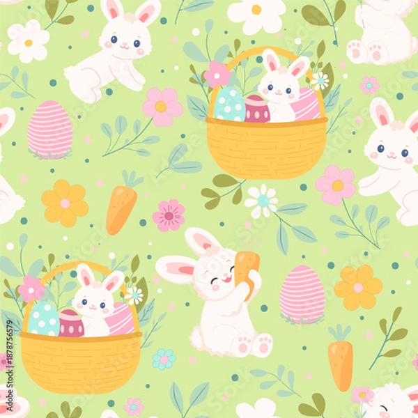 Obraz Seamless pattern with rabbit, basket, flowers. Vector illustration. Happy Easter day.