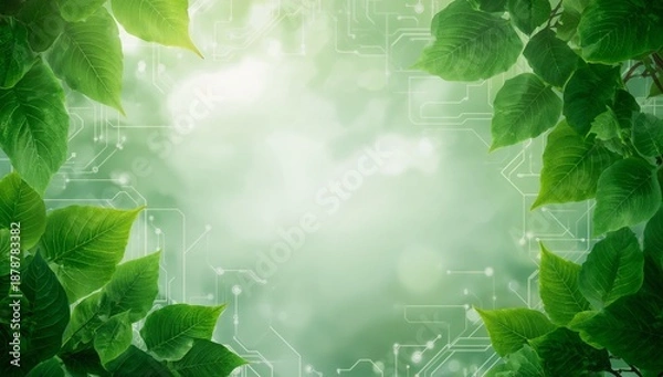 Fototapeta Green Leaf Frame with Technology Background for Eco Projects