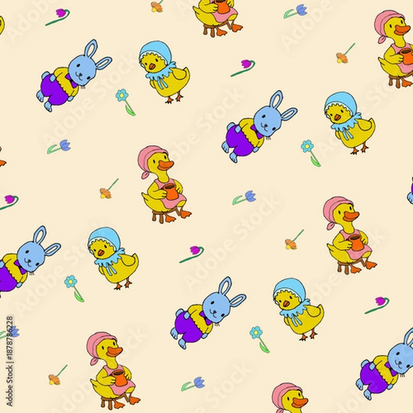 Obraz Pattern con paperelle, conigli e fiori