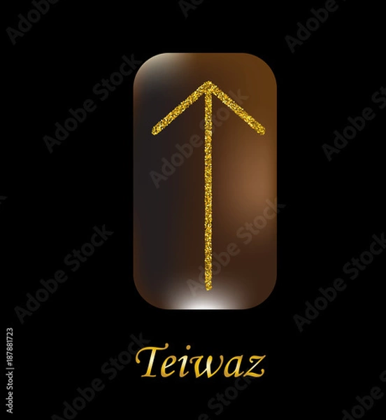 Obraz Vector illustration of characters rune gold dust on a wooden form on a black background.