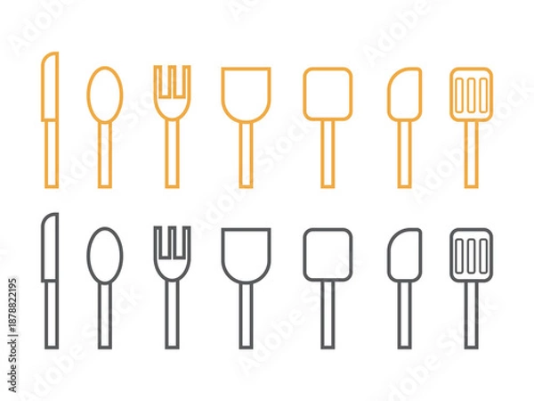 Obraz 調理器具（包丁、お玉、ヘラ）のアイコンの線画イラストのセット