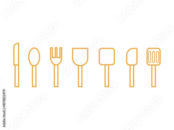 Obraz 黄色の調理器具（包丁、お玉、ヘラ）のアイコンの線画イラストのセット