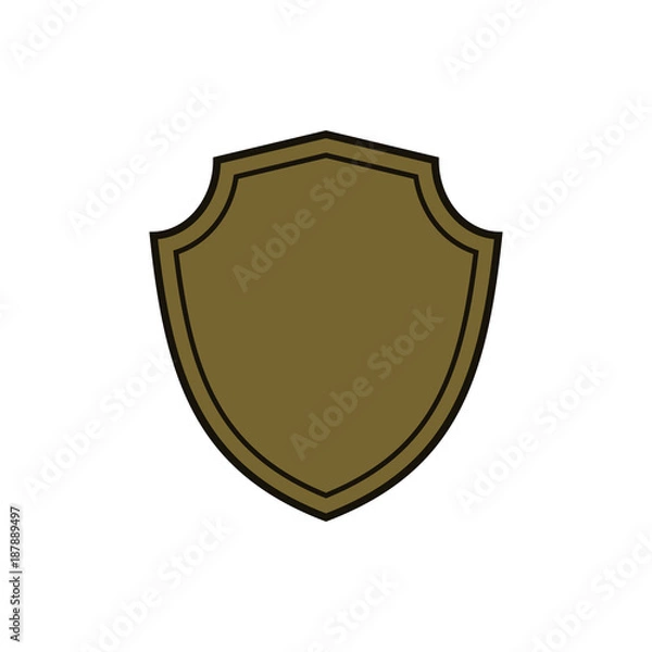 Fototapeta Shield shape gold icon. Simple flat logo on white background. Symbol of security, protection, safety, strong. Element badge for secure protect design emblem decoration Vector illustration