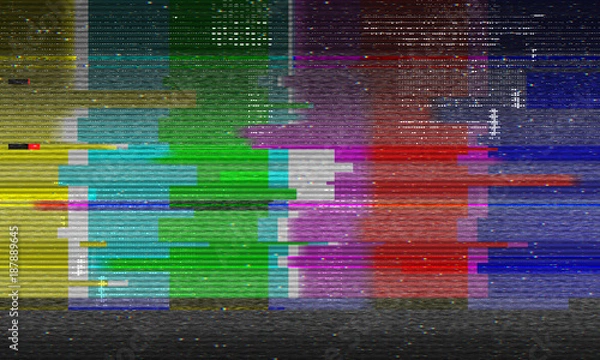 Fototapeta Abstract illustration of distorted tv test color bars. Glitch effect background. Conceptual image of vhs dead pixels.