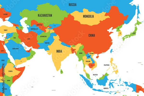 Fototapeta Colorful political map of western, southern and eastern Asia. Simple flat vector illustration.