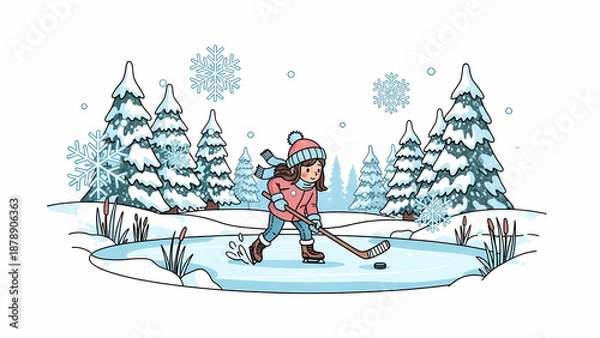 Obraz 冬の湖で少女がアイスホッケー