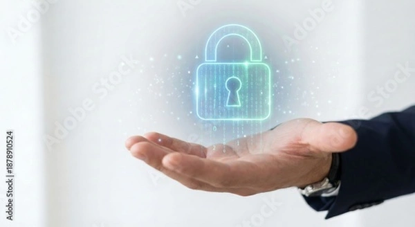 Obraz Businessman hand holding digital padlock with binary code