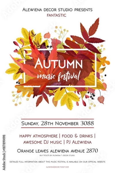 Fototapeta Sezon jesień impreza festiwal zaprosić plakat banner Wektor karty w stylu przypominającym akwarele projekt obramowanie ramki: kolorowe pomarańczowe żółte pomarańczowe czerwone jesienne liście klon leśny jagody dębowe. Ozdobne miejsce na kopię