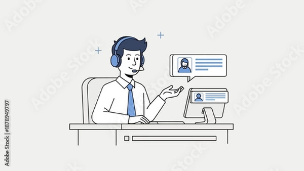 Obraz Man Wearing Headset Working on Computer.