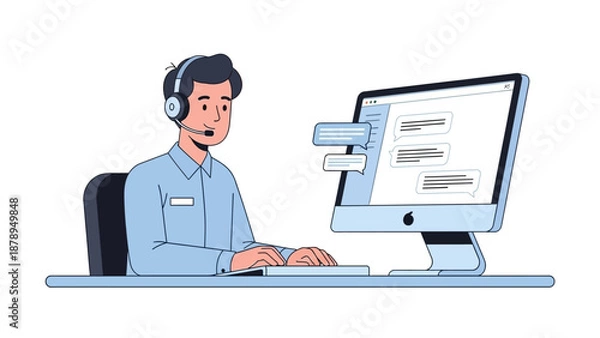 Fototapeta Man Working on Computer with Headset.