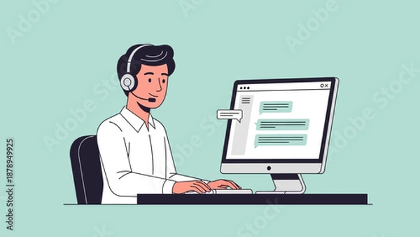 Obraz Man Wearing Headset Working on Computer.