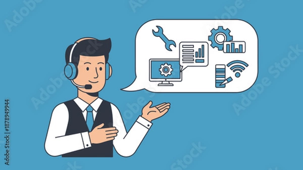 Fototapeta Man Wearing Headset Explaining Technology Concept.