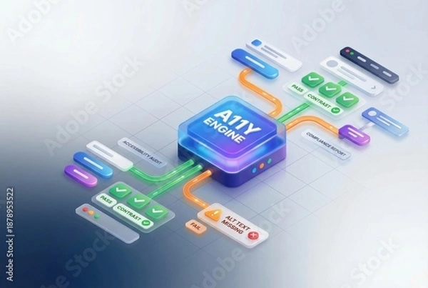 Obraz A11Y Engine visualizing digital accessibility audit processes showcasing compliance checks and elements signaling success and failure in user experience optimization