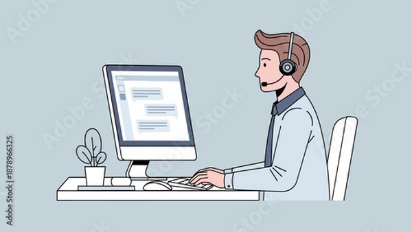 Fototapeta Man Working on Computer Wearing Headset.