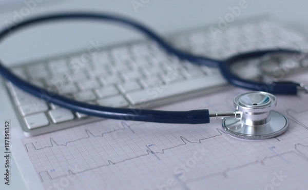 Fototapeta Close up of stethoscope on pc keyboard. Healthcare concept