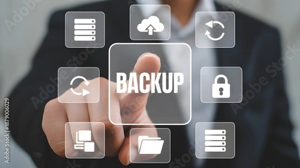 Obraz Backup storage data technology concept. Backup online documentation database and digital file storage system or software,file access, doc sharing.