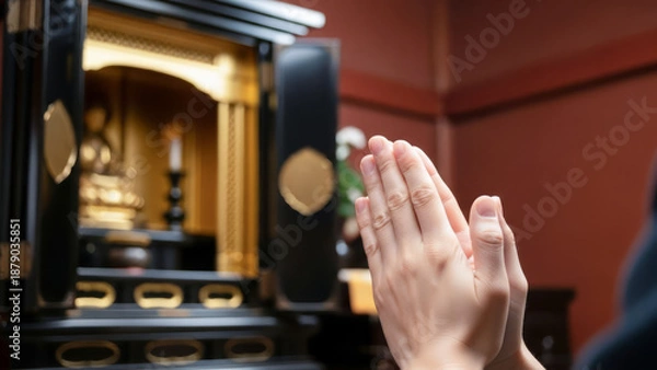 Obraz 仏壇に手を合わせる日本人の手元 供養や祈りの合掌