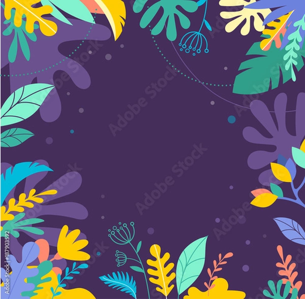 Fototapeta Colorful, vibrant colors palm leaves background. Tropical illustration, Jungle foliage