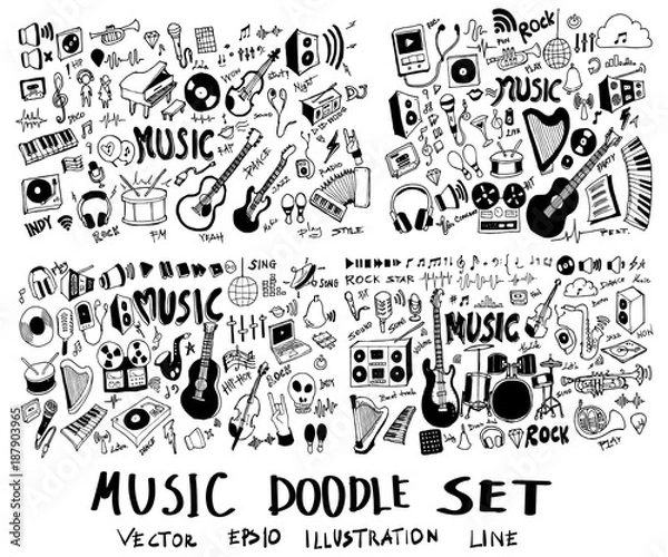 Fototapeta Set of Music Hand drawn doodle Sketch line vector scribble eps10