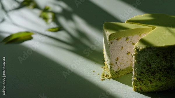 Obraz Pistachio Mousse Cake Slice in Dramatic Sunlight