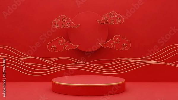 Obraz Elegant red background with golden clouds