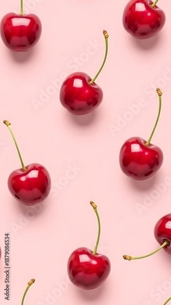 Obraz Fresh cherries arranged on a soft pink background creating a visually appealing pattern