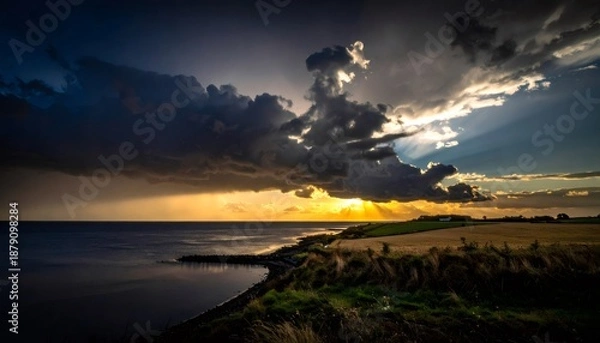 Obraz Dramatic sunset over ocean coastline with dark clouds